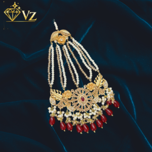 Handcrafted 22k Gold Plated Multi-Layered Bridal Jhumar with Maroon Drops - Image 1