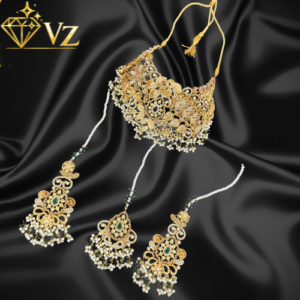 Noor Mahal 3D Kundan Bridal Choker Set with Pearl & Green Stones (Real Stone Finish)