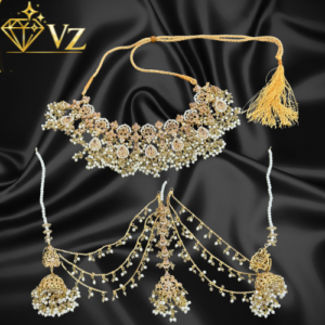 Noor-e-Zar Sahara Jhumka Bridal Set – 3 Layer Pearl Kundan Choker Set