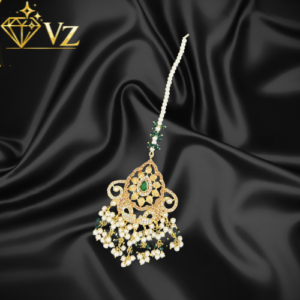 Handcrafted 22k Gold Plated Emerald Jadau Maang Tikka with Pearl Dangles - Image 1