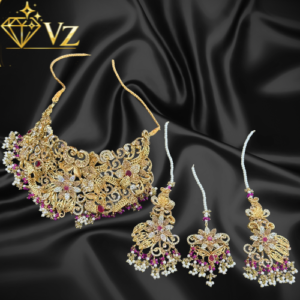 Zarmina Pearl Kundan Bridal Set – Elegant Choker with Jhumka & Tikka