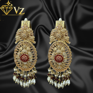 Handcrafted 22k Gold Plated Ruby & Pearl Jadau Drop Earrings - Image 1