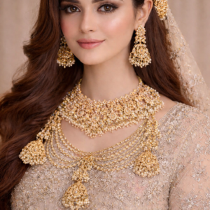 Noor-e-Zar Sahara Jhumka Bridal Set – 3 Layer Pearl Kundan Choker Set