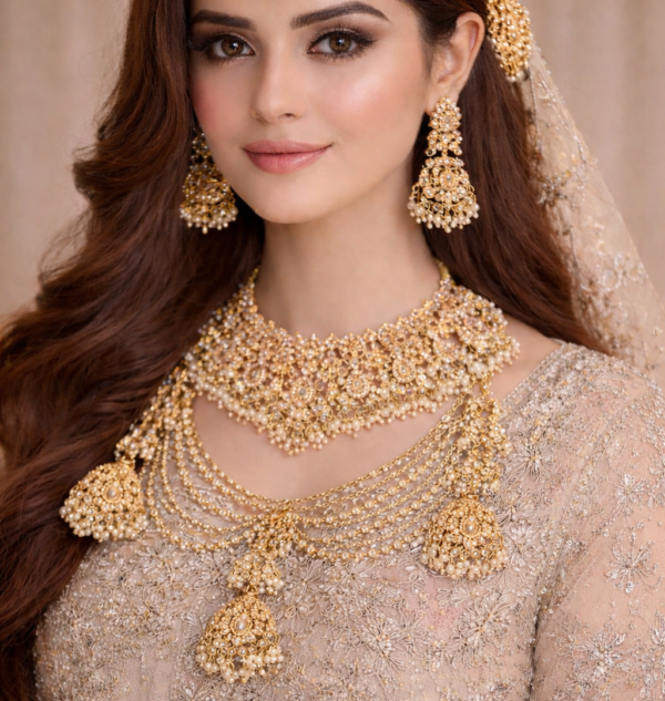 Noor-e-Zar Sahara Jhumka Bridal Set – 3 Layer Pearl Kundan Choker Set