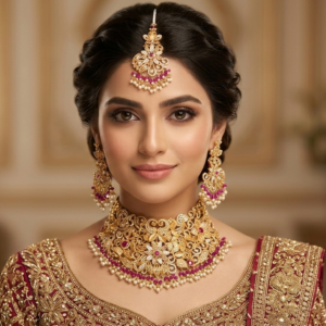 Zarmina Pearl Kundan Bridal Set – Elegant Choker with Jhumka & Tikka - Image 2