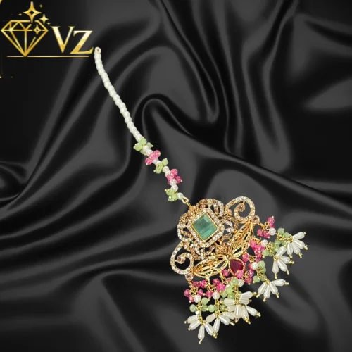 Handcrafted 22k Gold Plated Floral Jadau Maang Tikka with Pink Stones and Pearl Drops