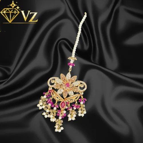 Elegant Floral Jadau Maang Tikka with Pink Stones and Pearl Clusters