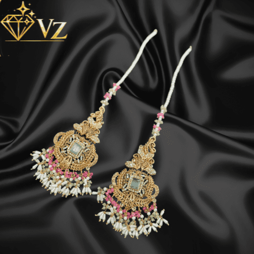 Handcrafted 22k Gold Plated Emerald & Multi-Color Pearl Jadau Earrings with Sahara Chains