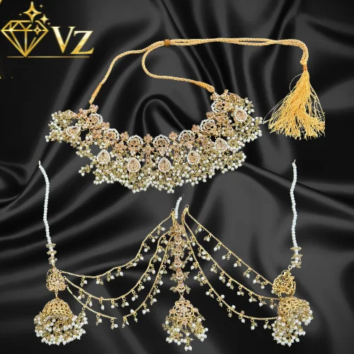 Noor-e-Zar Sahara Jhumka Bridal Set – 3 Layer Pearl Kundan Choker Set