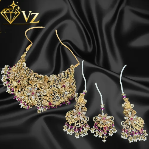 Zarmina Pearl Kundan Bridal Set – Elegant Choker with Jhumka & Tikka