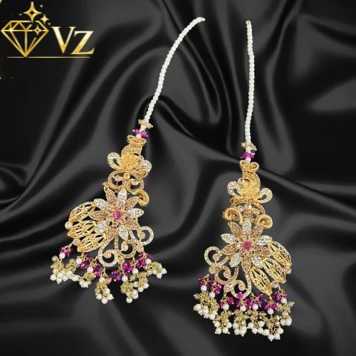 Handcrafted 22k Gold Plated Ruby & Pearl Jadau Earrings with Sahara Chains