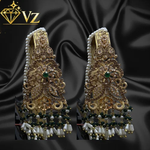 Handcrafted 22k Gold Plated Emerald & Pearl Jadau Earrings with Sahara Chains