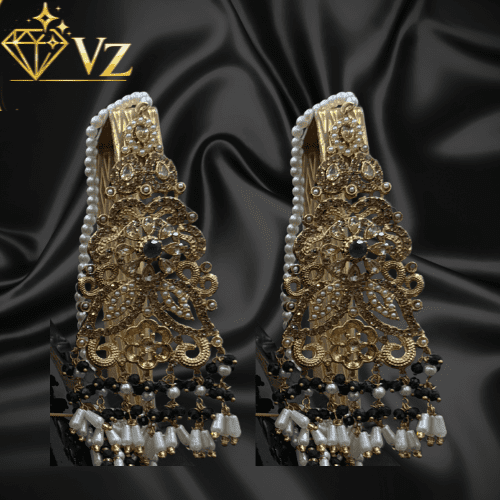 6 Handcrafted 22k Gold Plated Emerald & Pearl Jadau Earrings with Sahara Chains