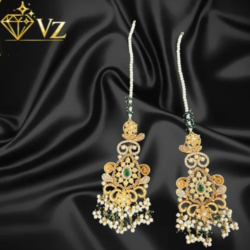 Handcrafted 22k Gold Plated Emerald & Pearl Jadau Earrings with Sahara Chains
