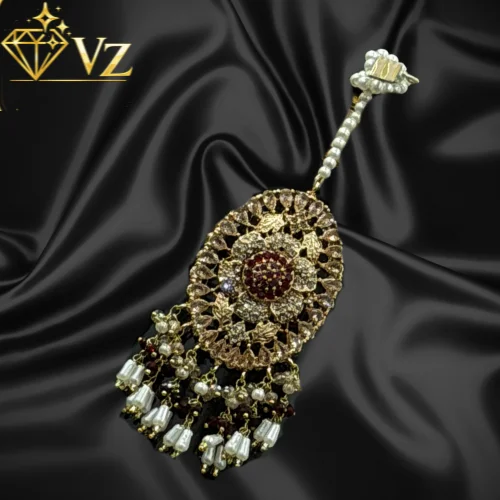 Handcrafted 22k Gold Plated Ruby & Pearl Oval Maang Tikka