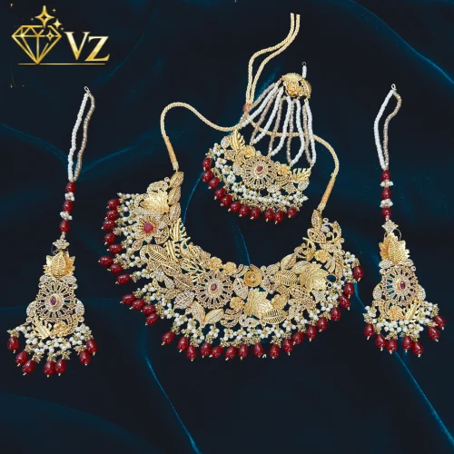 Bridal Maroon Kundan Jewelry Set with Pearl & Beads