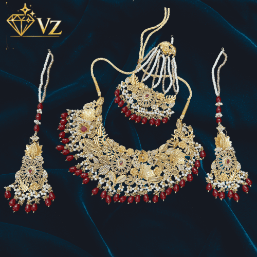 Bridal Maroon Kundan Jewelry Set with Pearl & Beads
